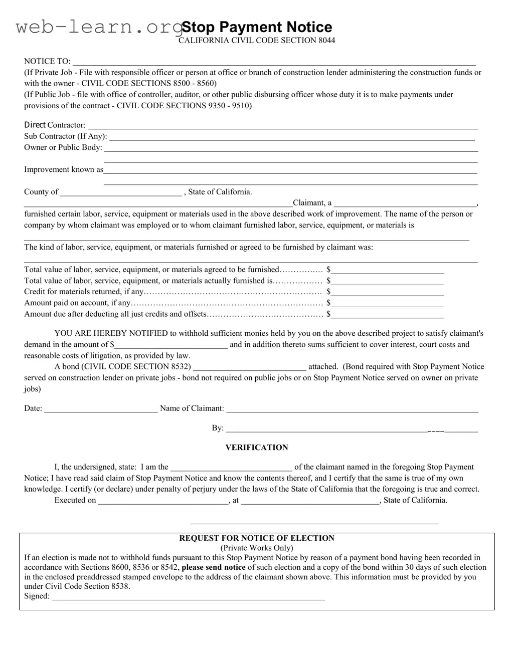 Blank California Stop Payment Form