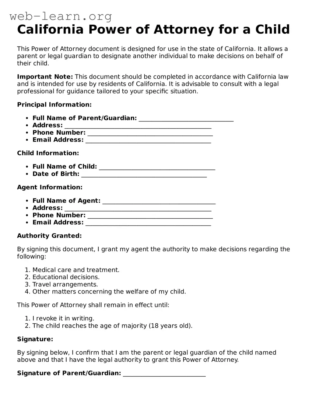 Attorney-Approved Power of Attorney for a Child Document for the State of California