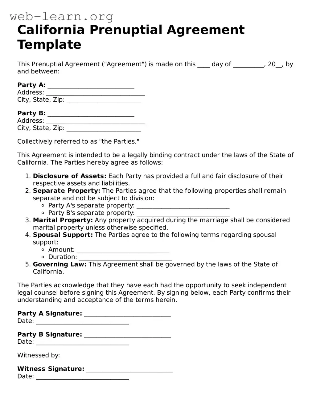 Attorney-Approved Prenuptial Agreement Document for the State of California