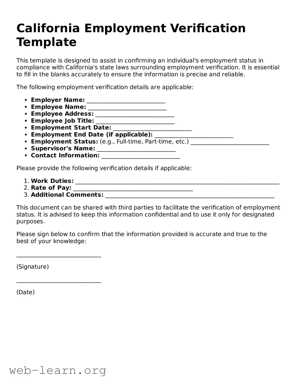 Attorney-Approved Employment Verification Document for the State of California