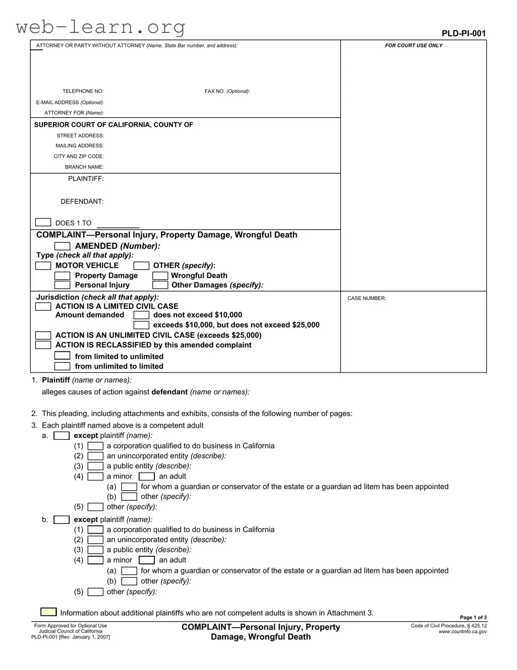 Blank California Complaint Form