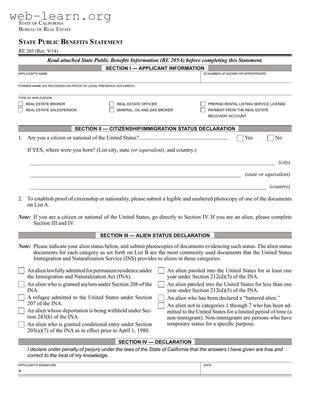 Blank California Re 205 Form