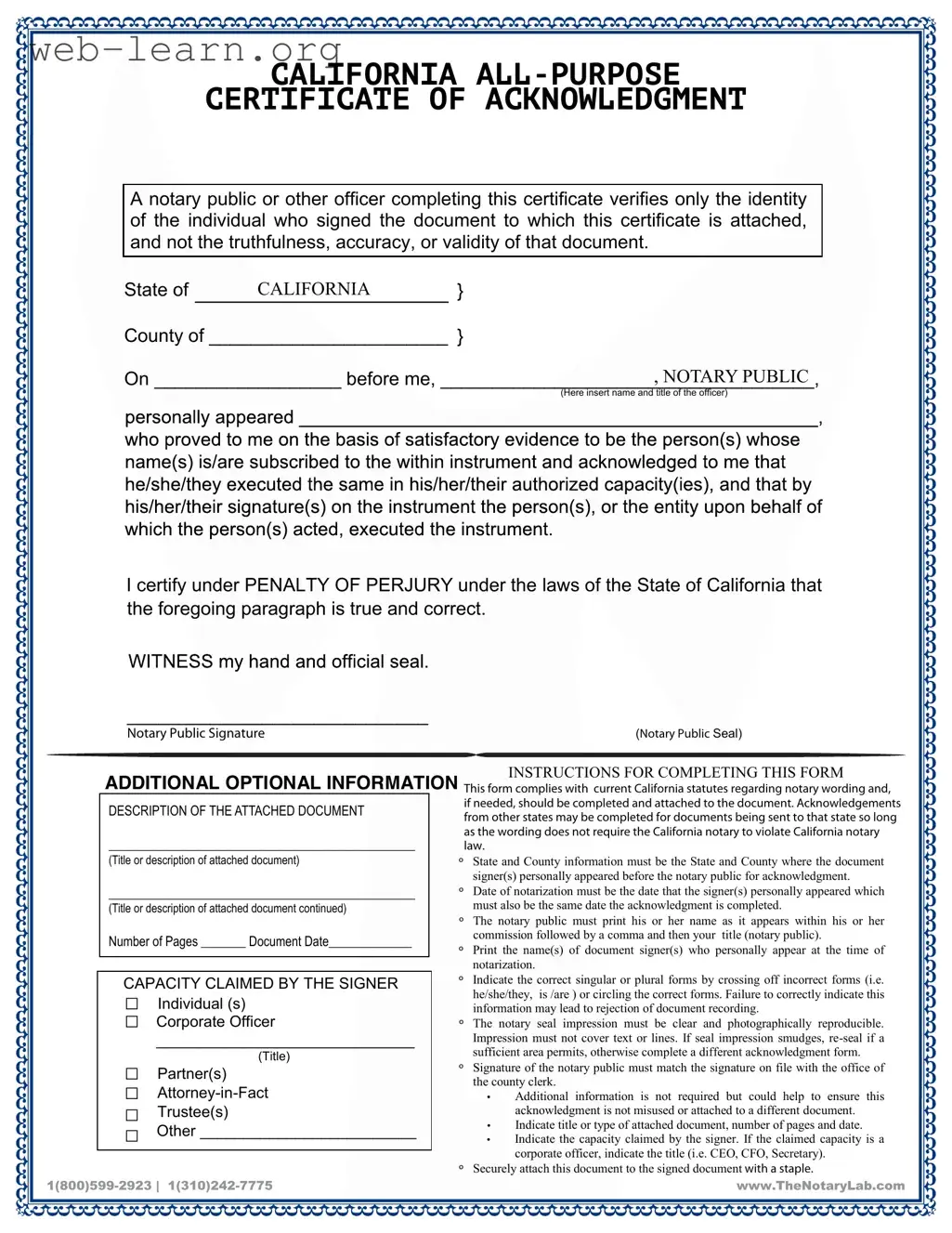 Blank California Acknowledgement Certificate Form