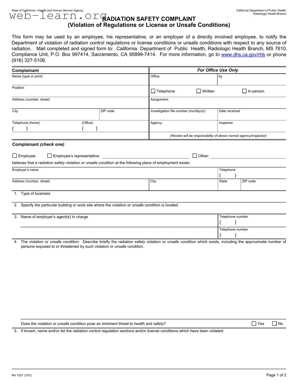 Blank California Rh 1027 Form