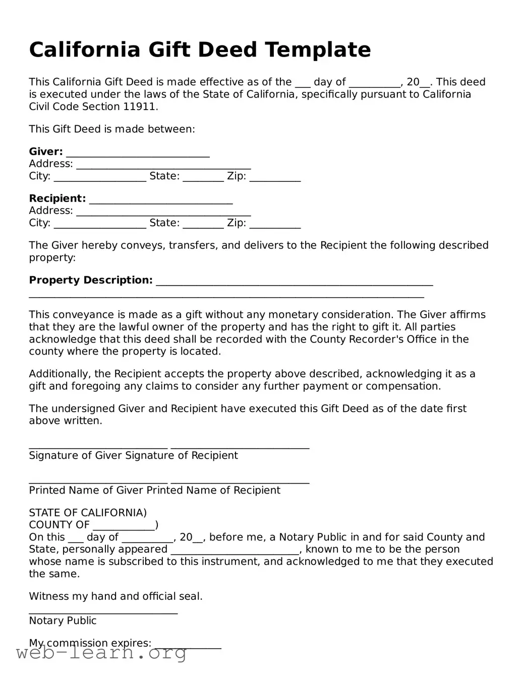 Attorney-Approved Gift Deed Document for the State of California