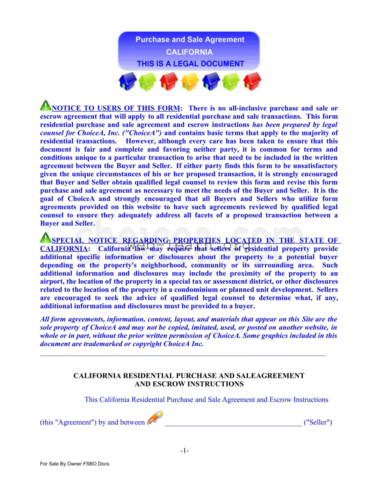 Blank Sale Agreement California Form