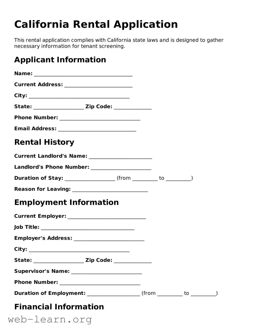 Attorney-Approved Rental Application Document for the State of California