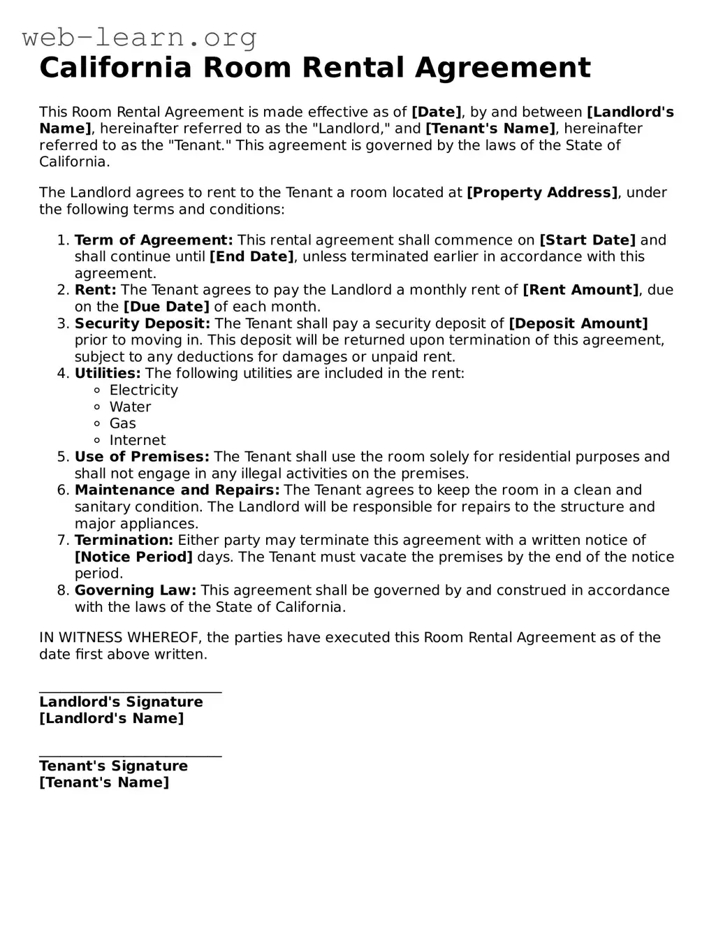 Attorney-Approved Room Rental Agreement Document for the State of California