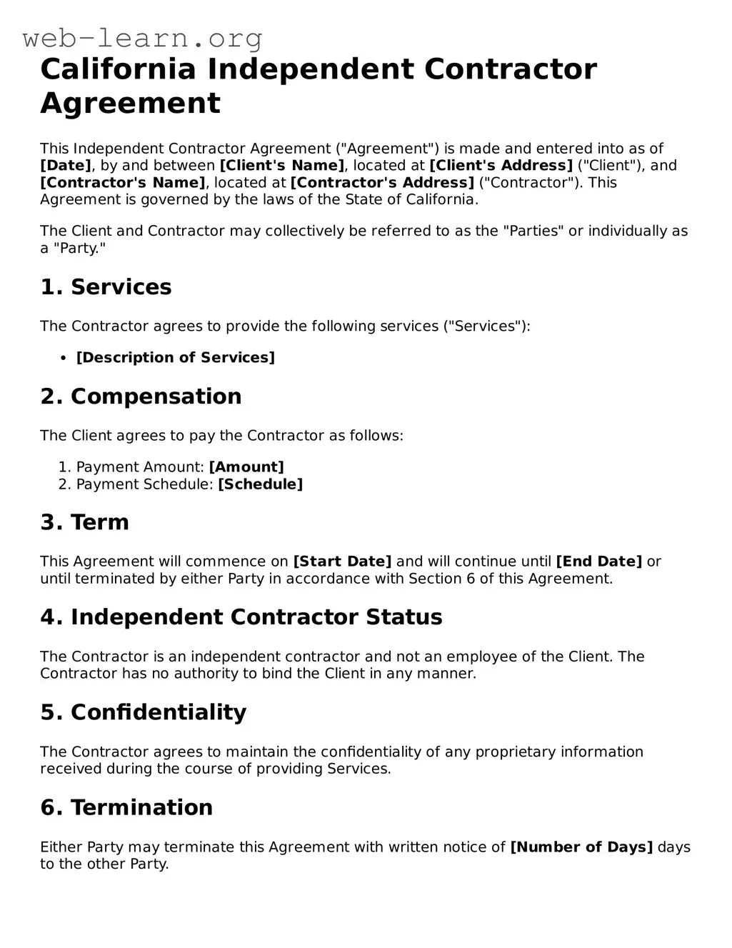 Attorney-Approved Independent Contractor Agreement Document for the State of California