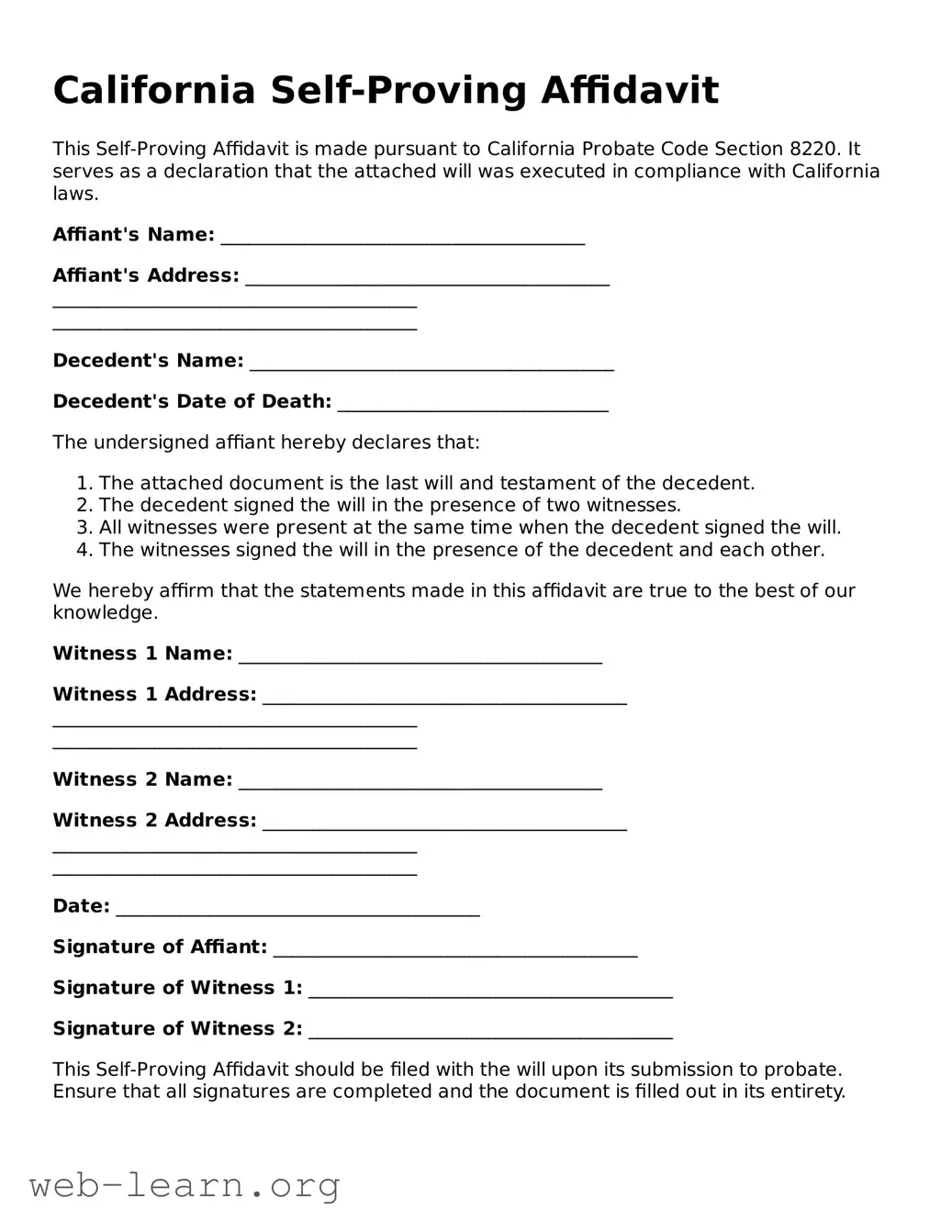 Attorney-Approved Self-Proving Affidavit Document for the State of California