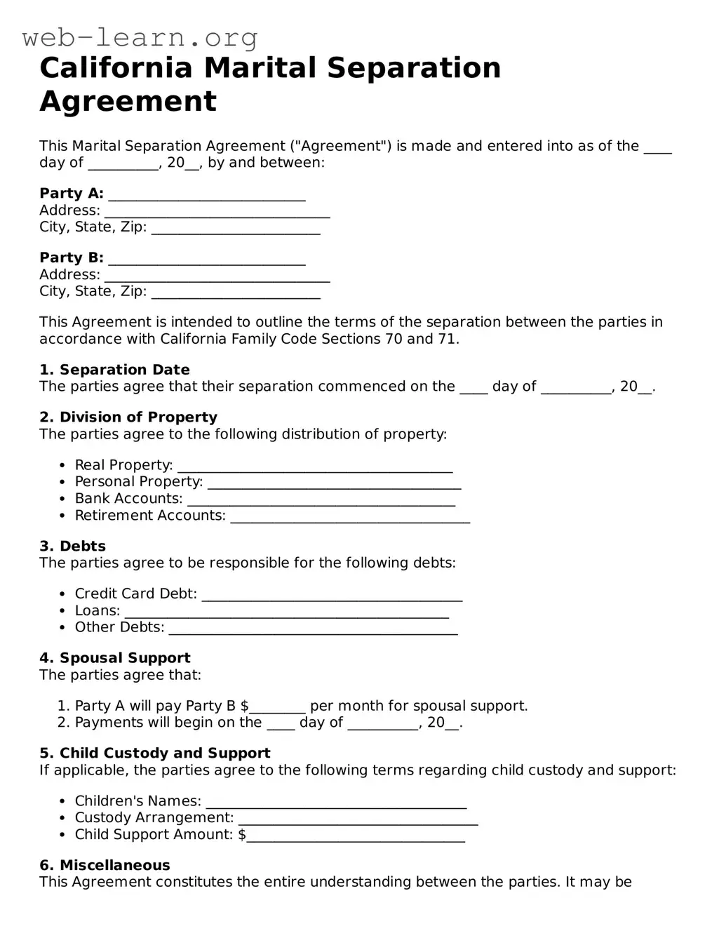 Attorney-Approved Marital Separation Agreement Document for the State of California