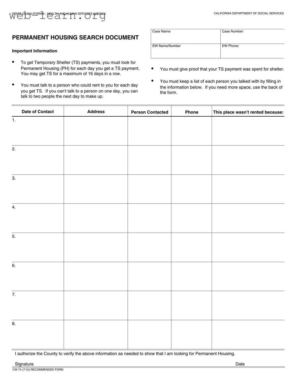 Blank California Cw 74 Form