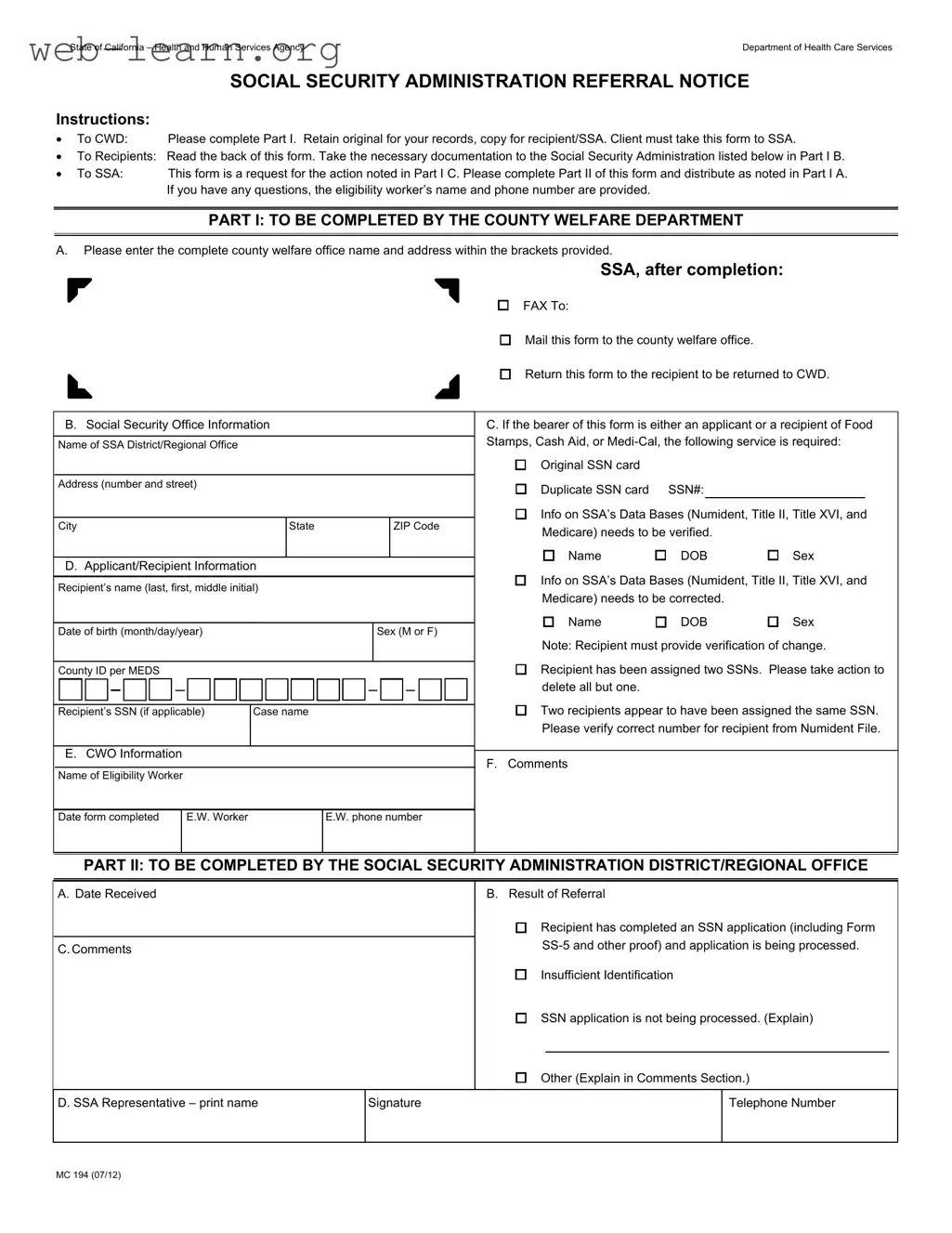 Blank California Mc 194 Form