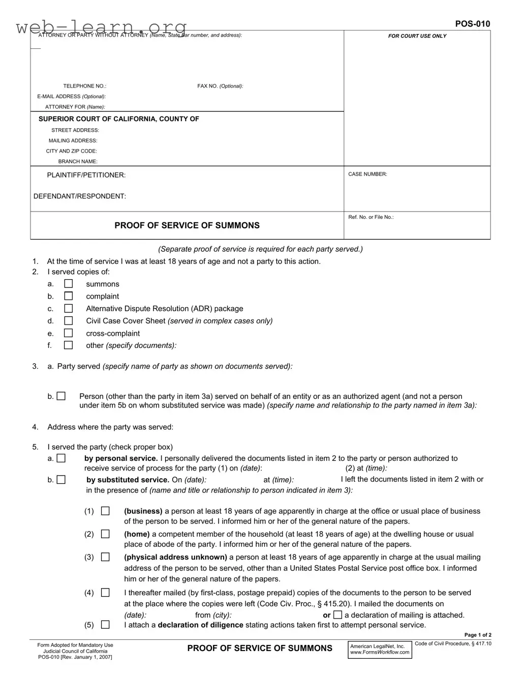 Blank California Pos 010 Form