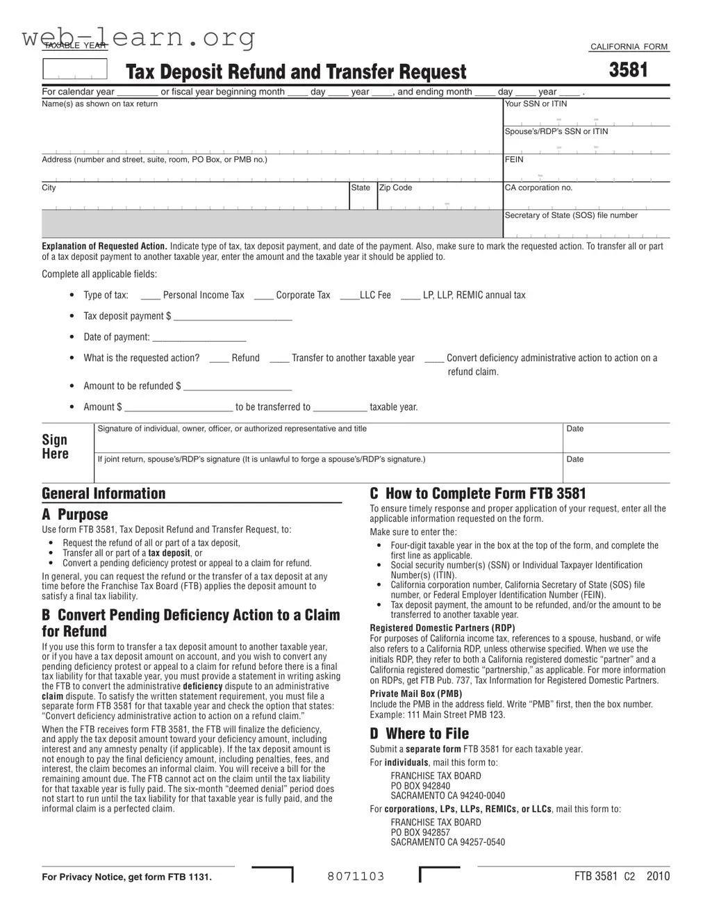Blank California 3581 Form
