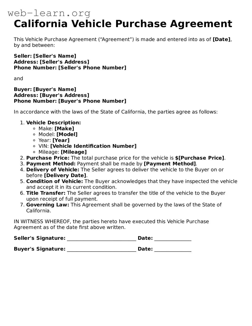 Attorney-Approved Vehicle Purchase Agreement Document for the State of California