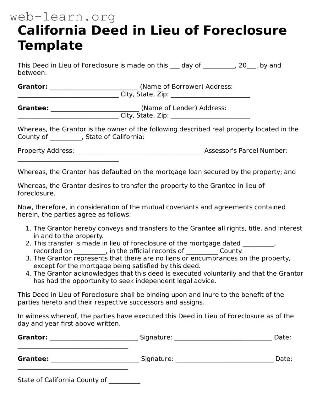 Attorney-Approved Deed in Lieu of Foreclosure Document for the State of California