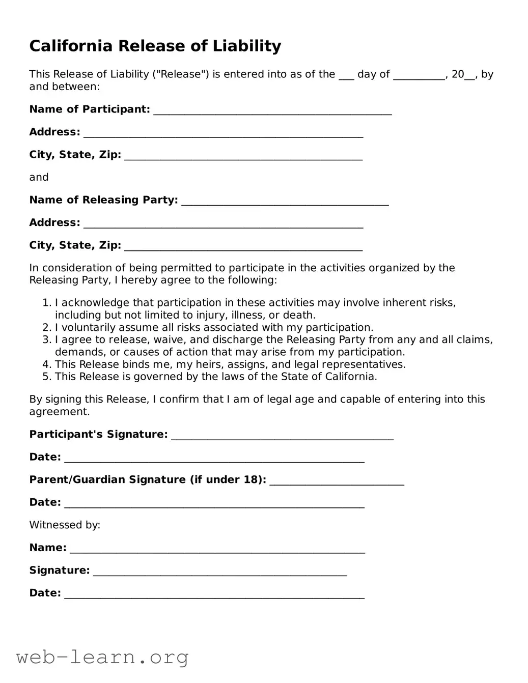 Attorney-Approved Release of Liability Document for the State of California