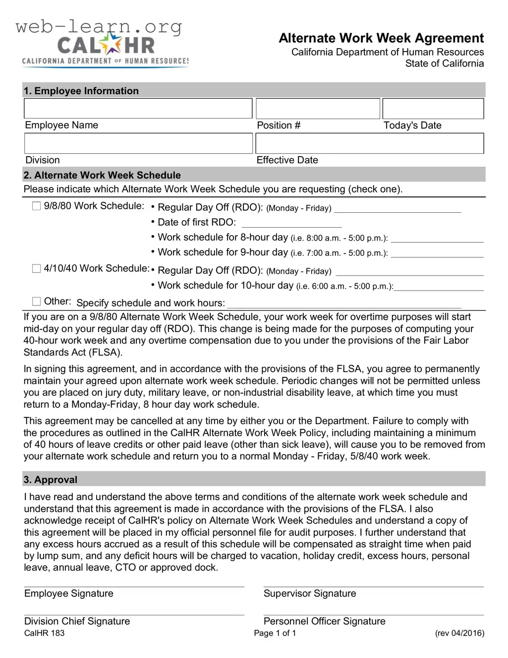 Blank California Work Week Agreement Form