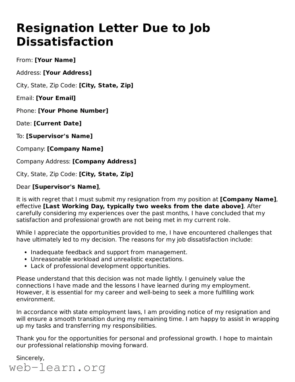 Attorney-Approved Resignation Letter Due to Job Dissatisfaction Template