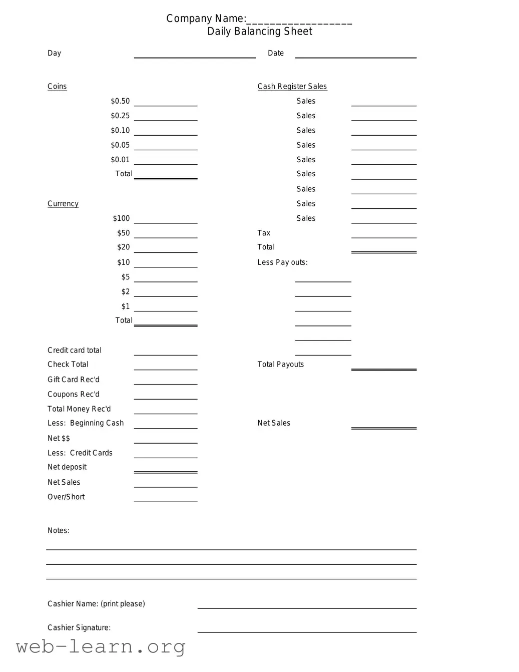 Blank Cash Drawer Count Sheet Form