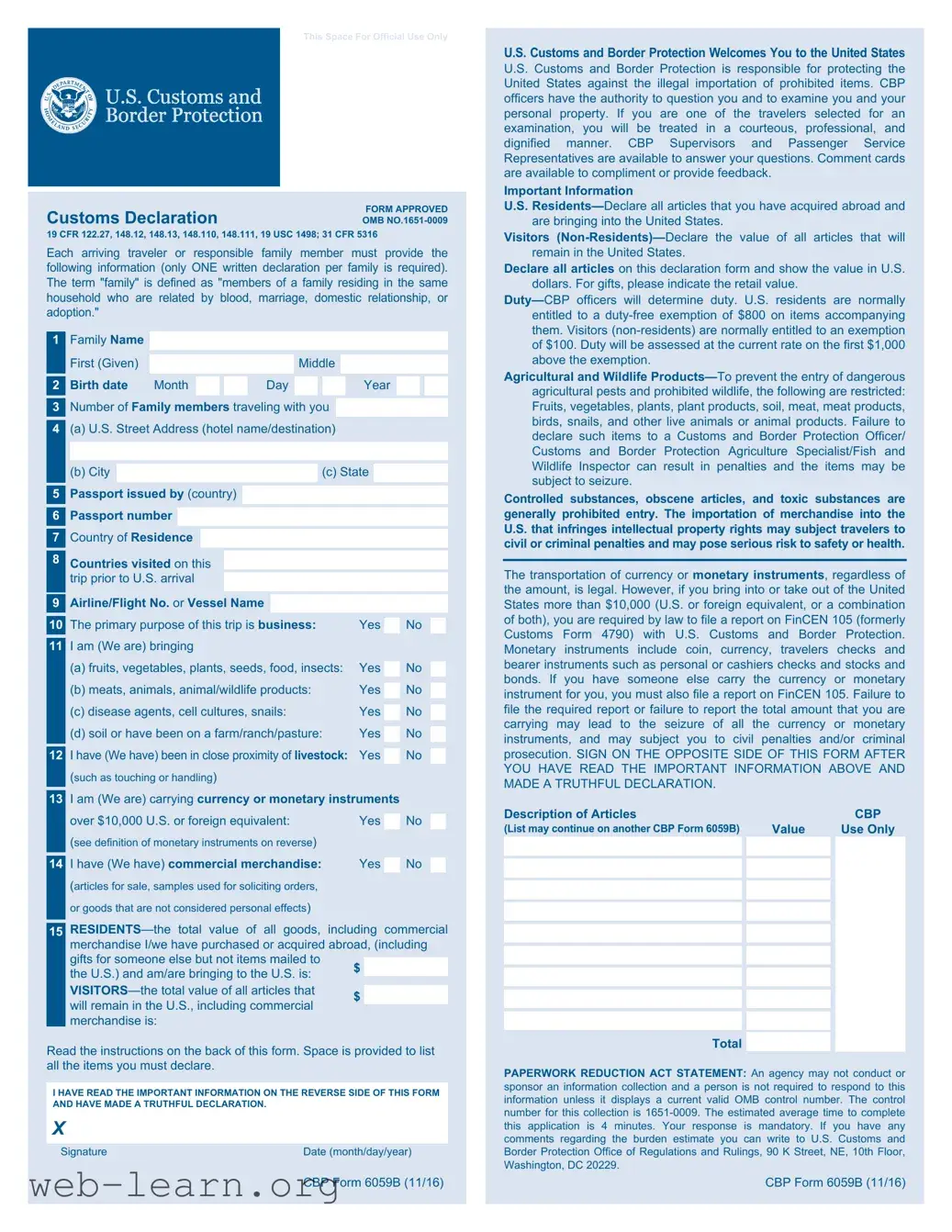 Blank CBP 6059B Form
