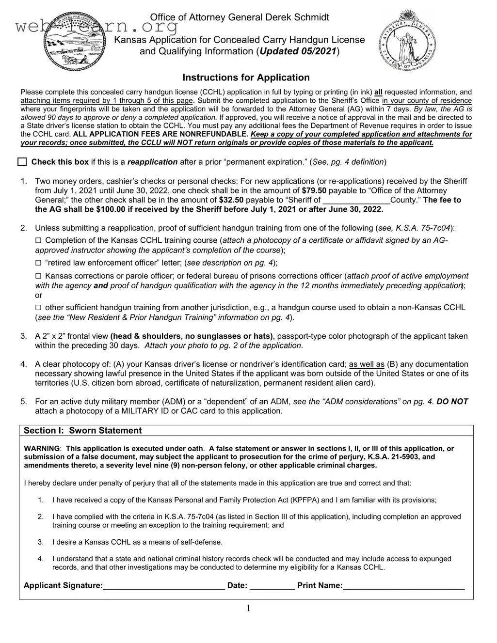 Blank Kansas Application Concealed Carry Form