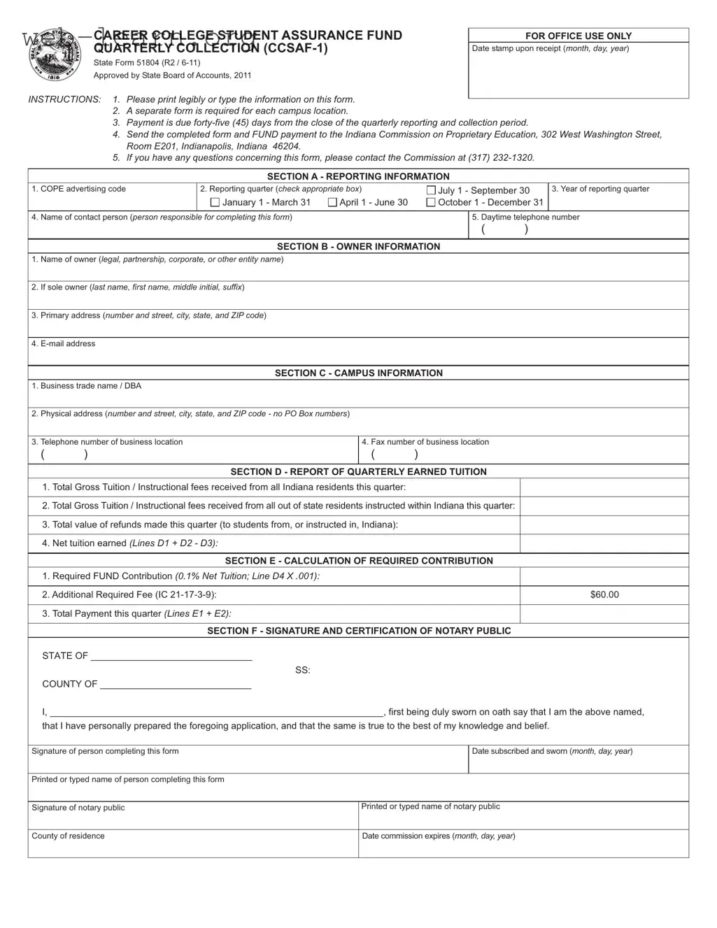 Blank Indiana State 51804 Form