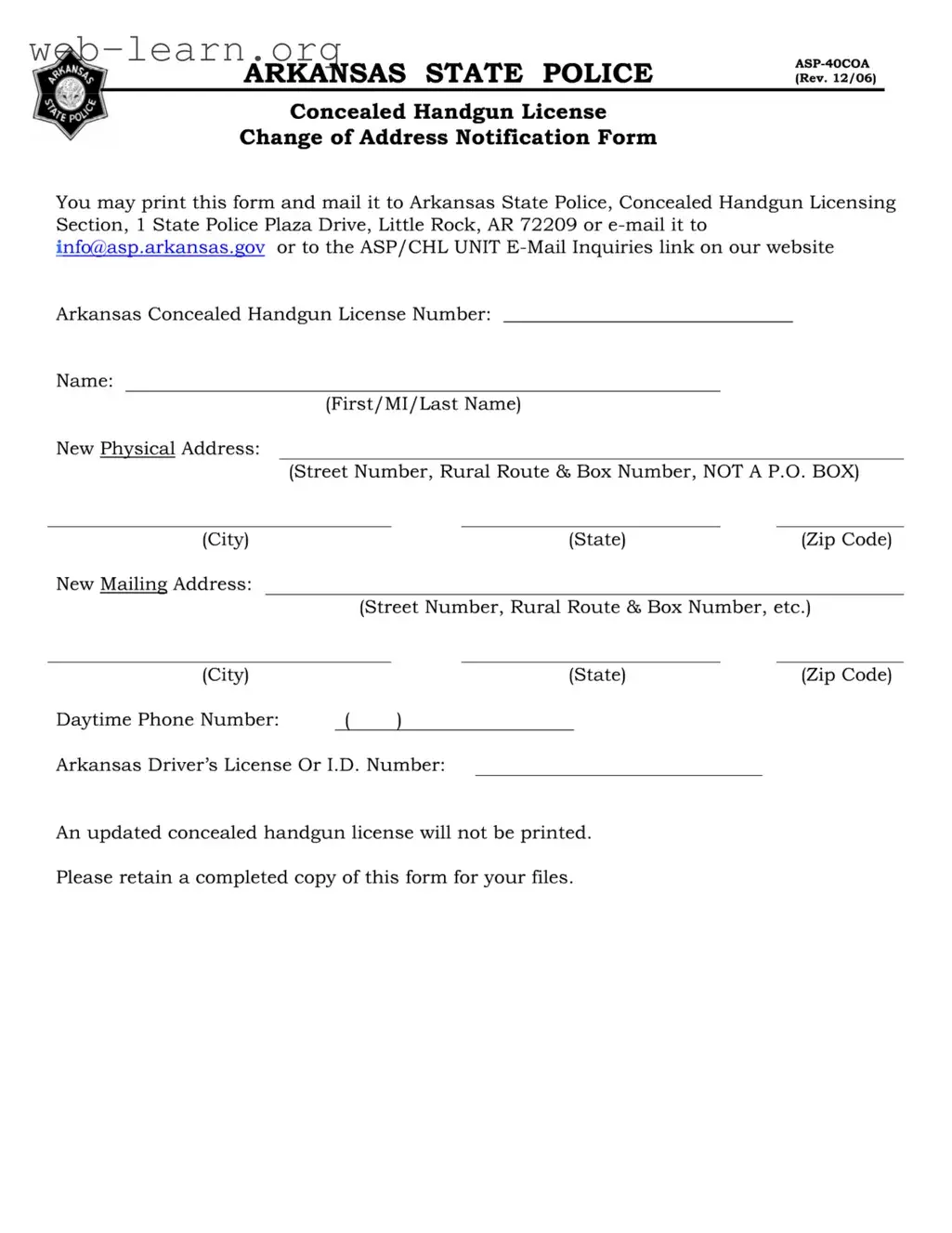 Blank Change Address Ccw In Arkansas Form