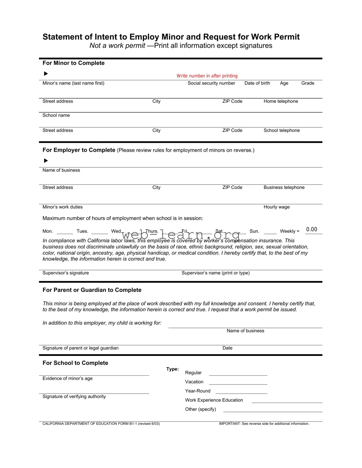 Blank Statement of Intent to Employ Minor and Request for Work Permit Form