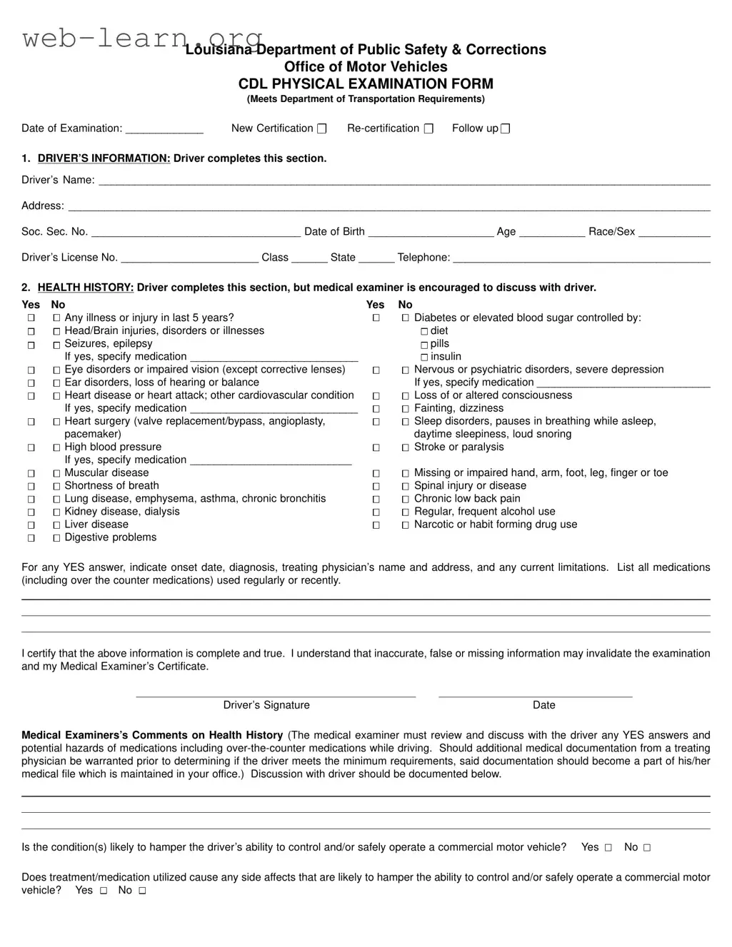 Blank Louisiana Cdl Physical Form