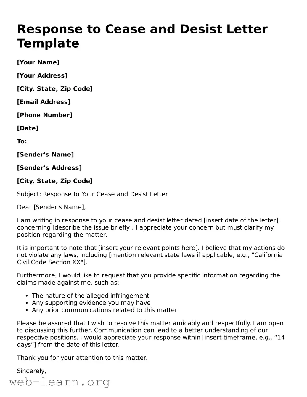 Attorney-Approved Response to a Cease and Desist Letter Template