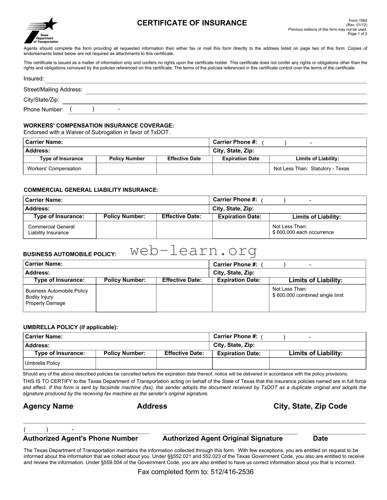 Blank Texas 1560 Form