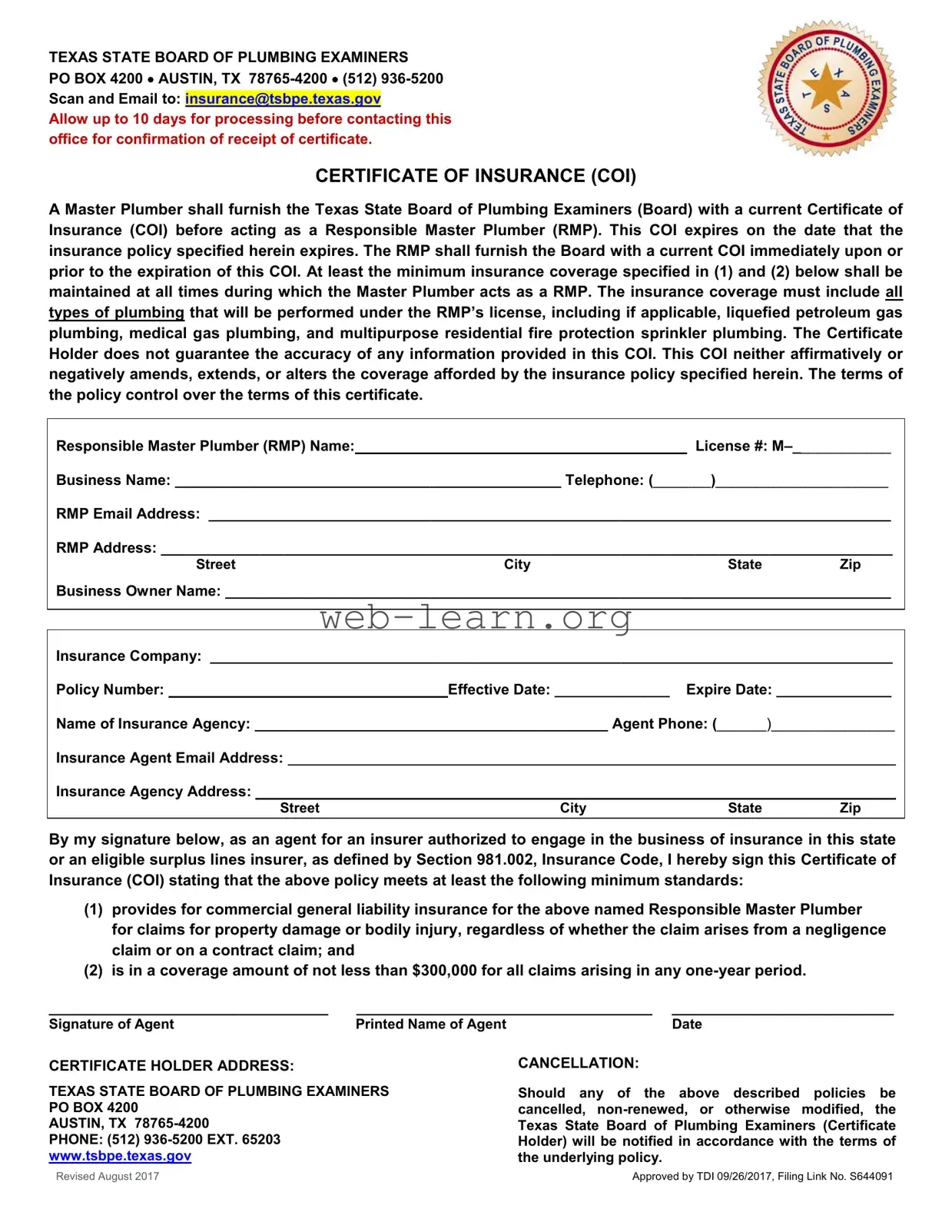 Blank Texas Certificate Insurance Form