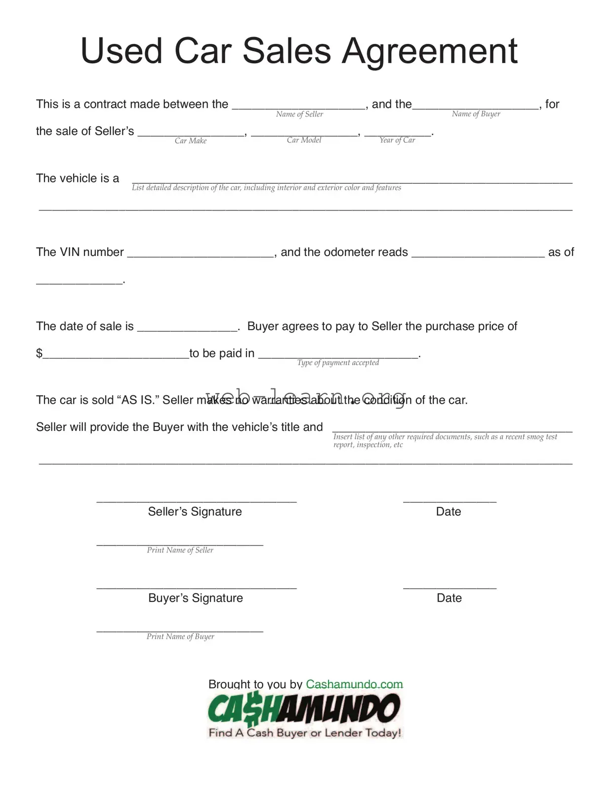 Blank Used Car Agreement Form