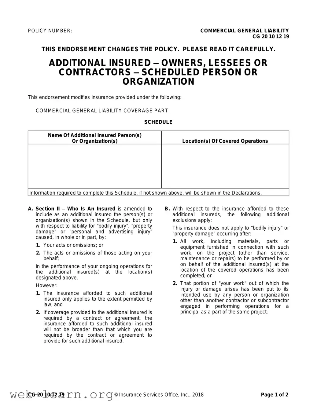 Blank Cg 20 10 07 04 Liability Endorsement Form
