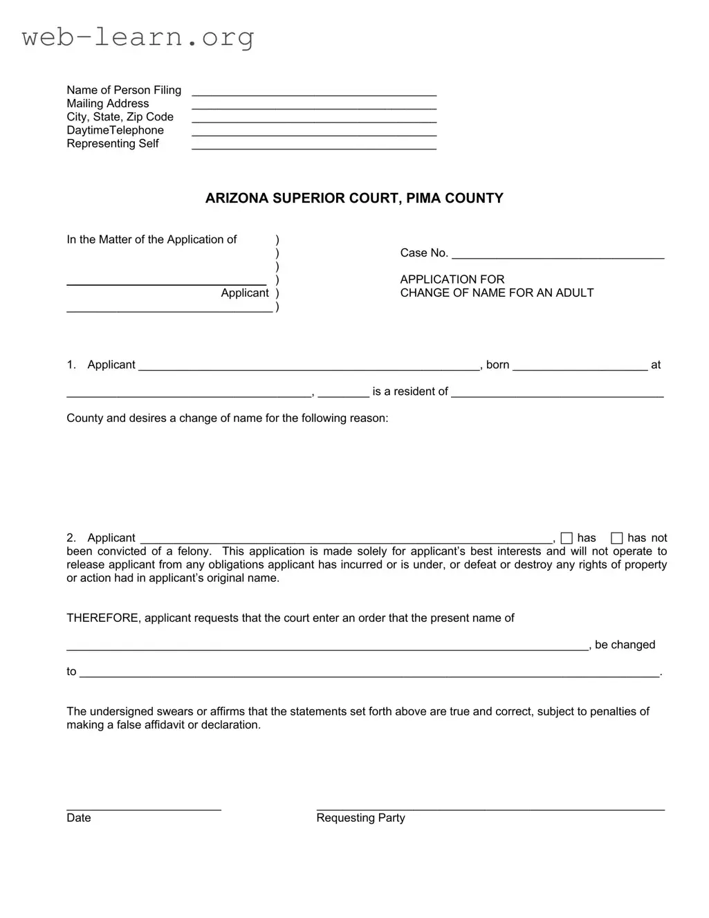 Blank Arizona Court Change Name Form
