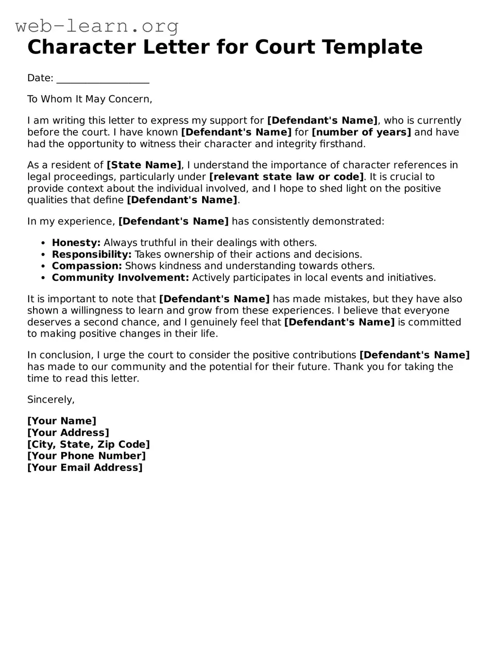 Attorney-Approved Character Letter for Court Template