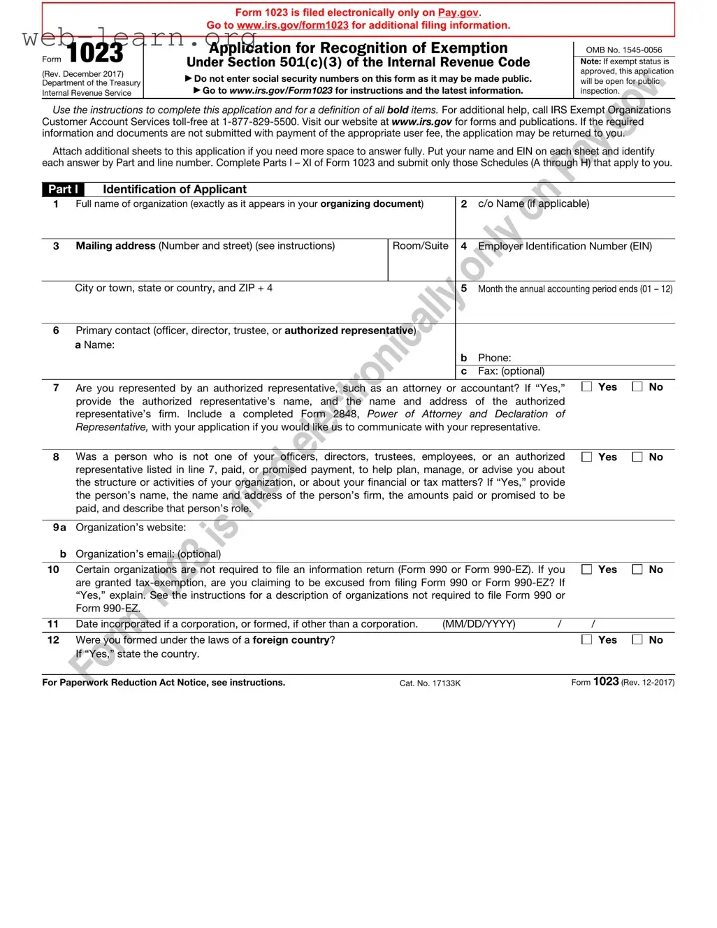 Blank IRS 1023 Form