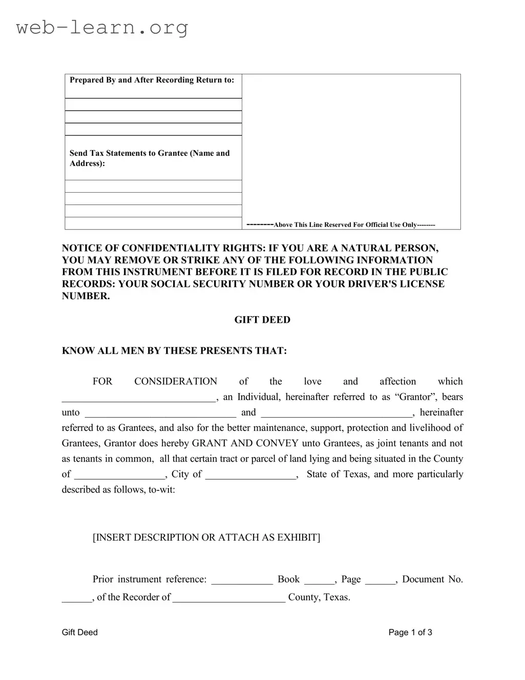 Blank Gift Deed Texas Form