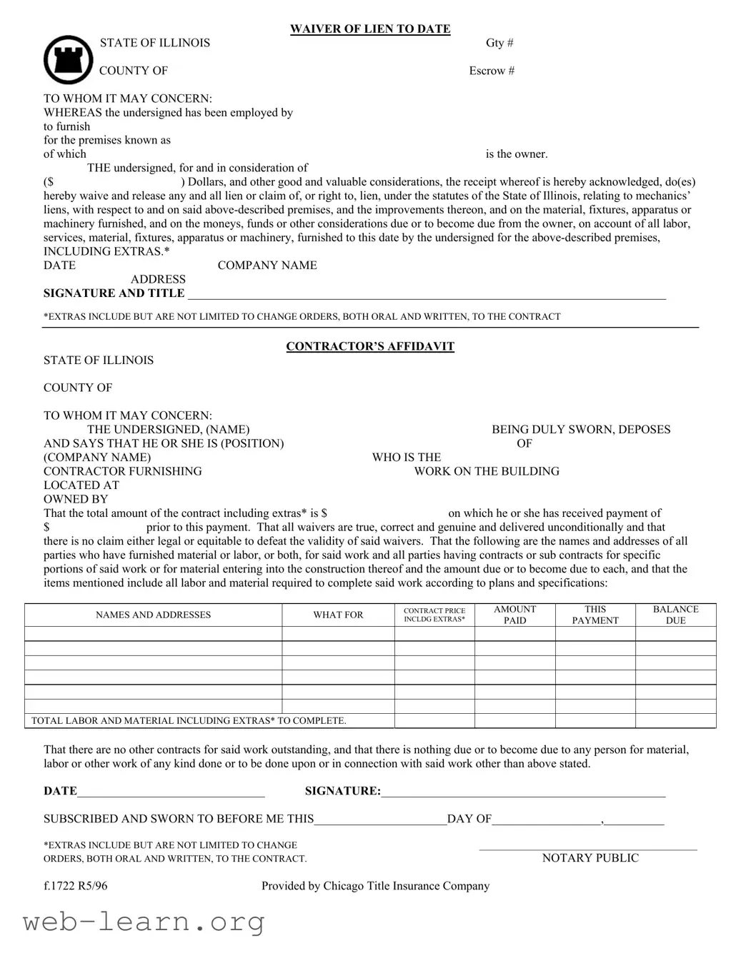 Blank Chicago Title Waiver Format Form