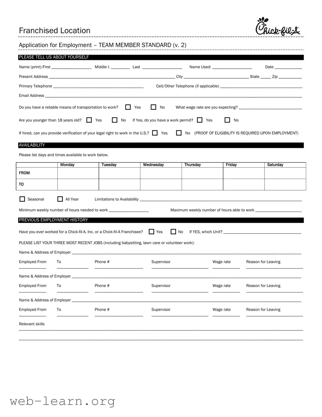 Blank Chick Fil A Job Application Form