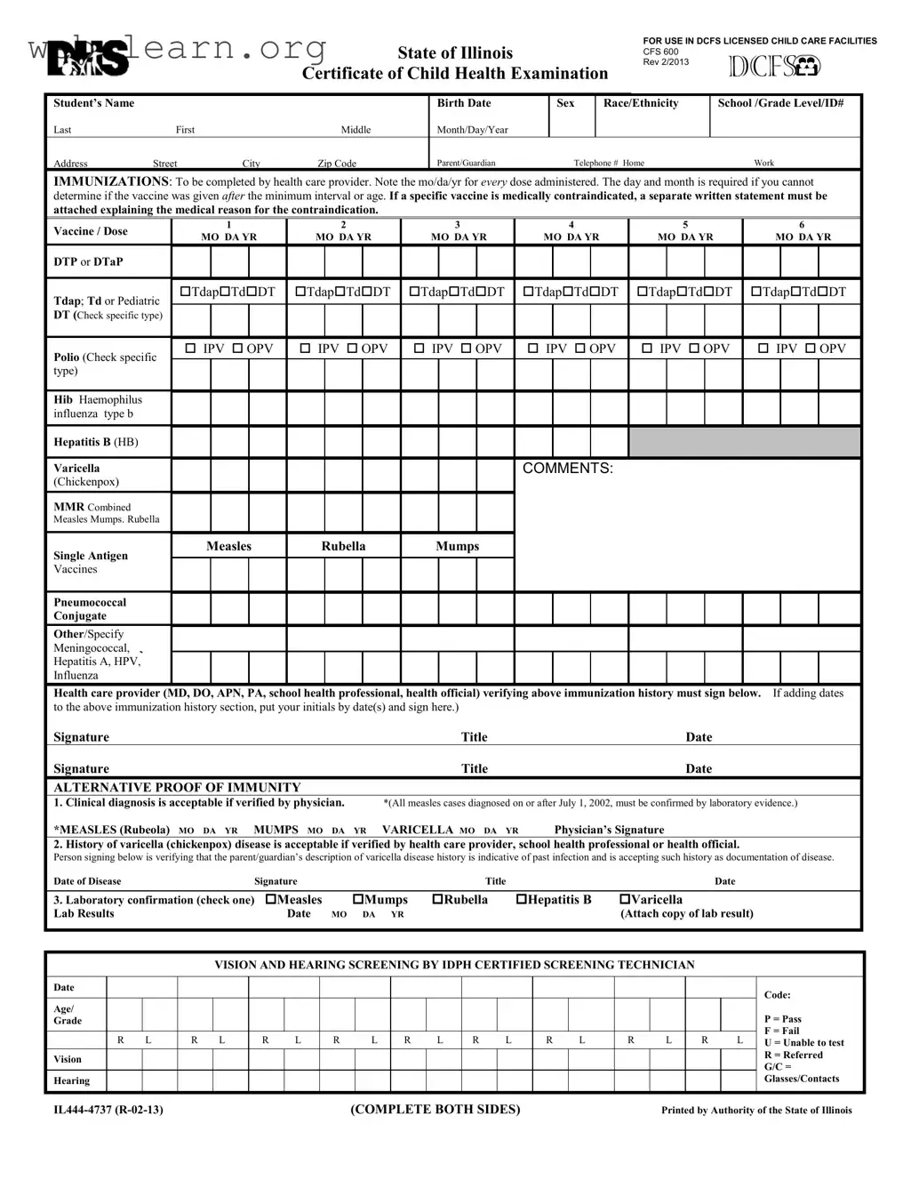 Blank Illinois Child Health Examination Form