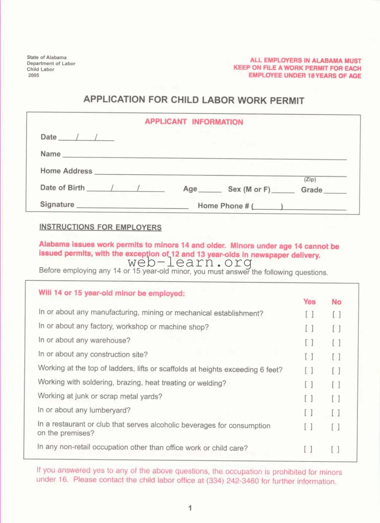 Blank Work Permit Alabama Form