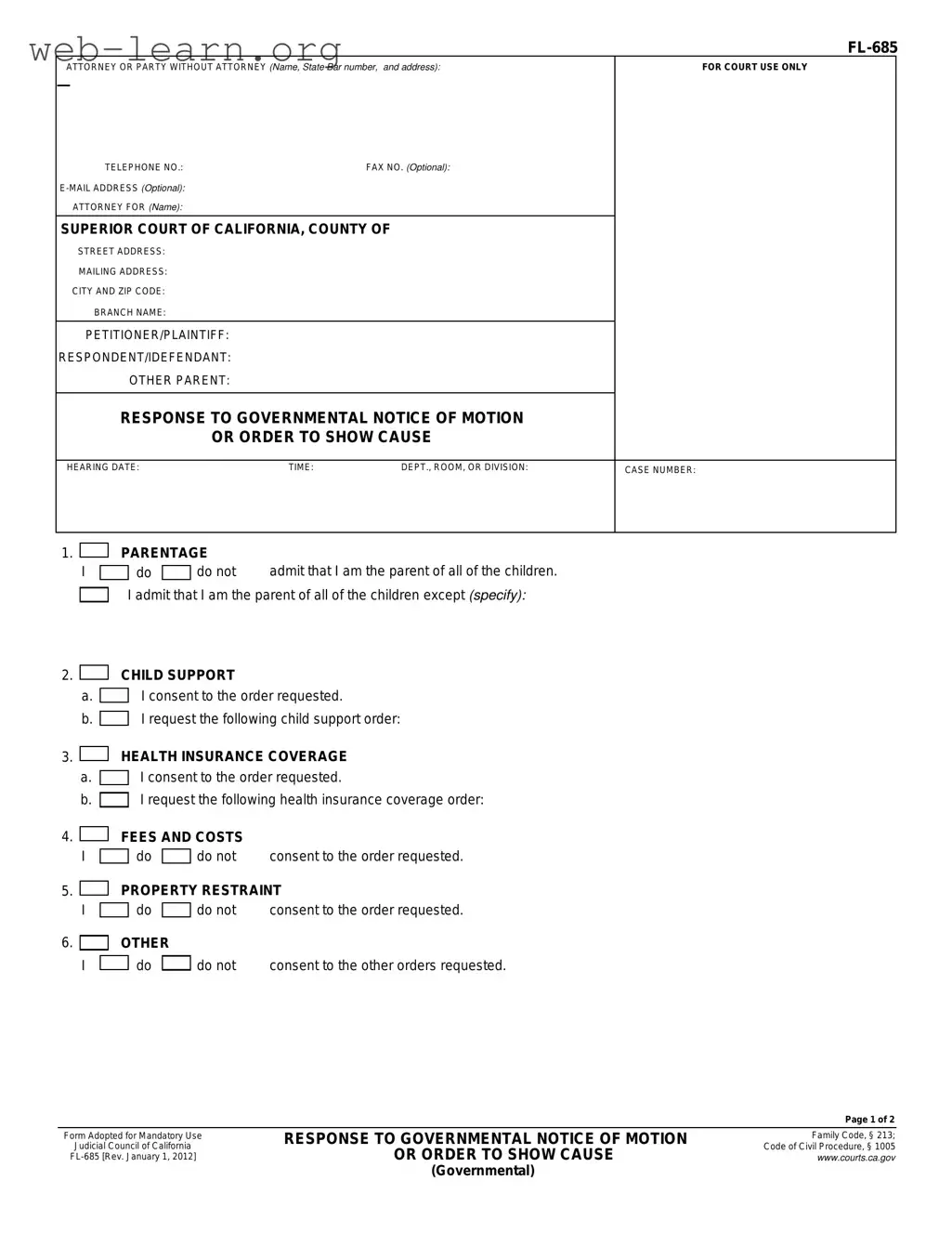 Blank California Fl 685 Form