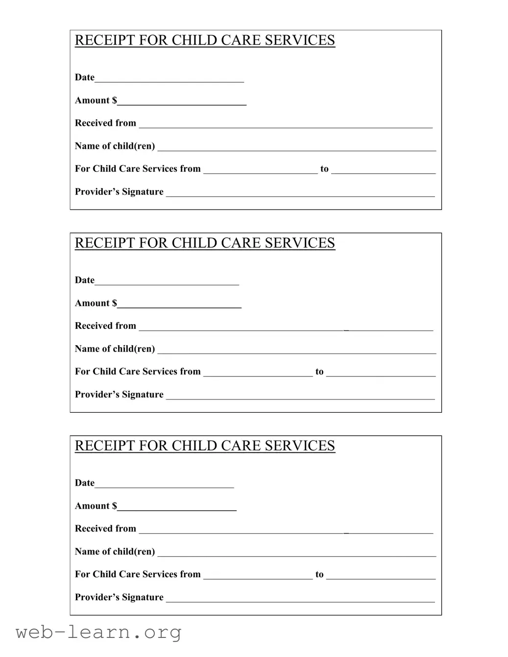 Blank Childcare Receipt Form