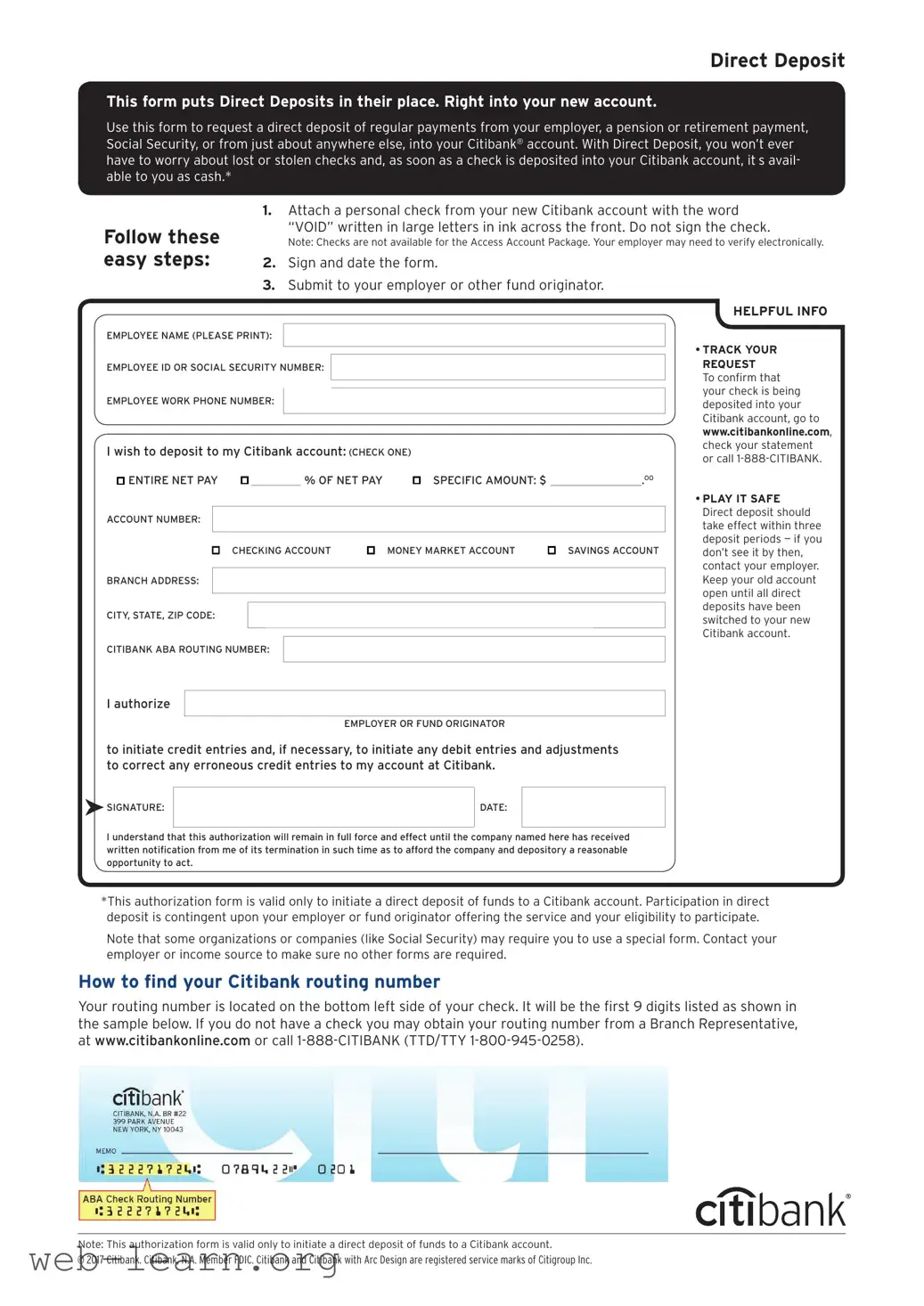 Blank Citibank Direct Deposit Form