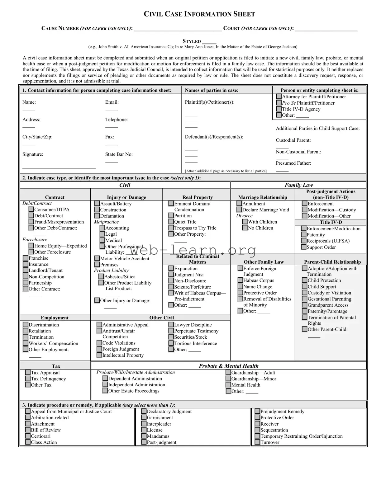 Blank Texas Civil Case Form