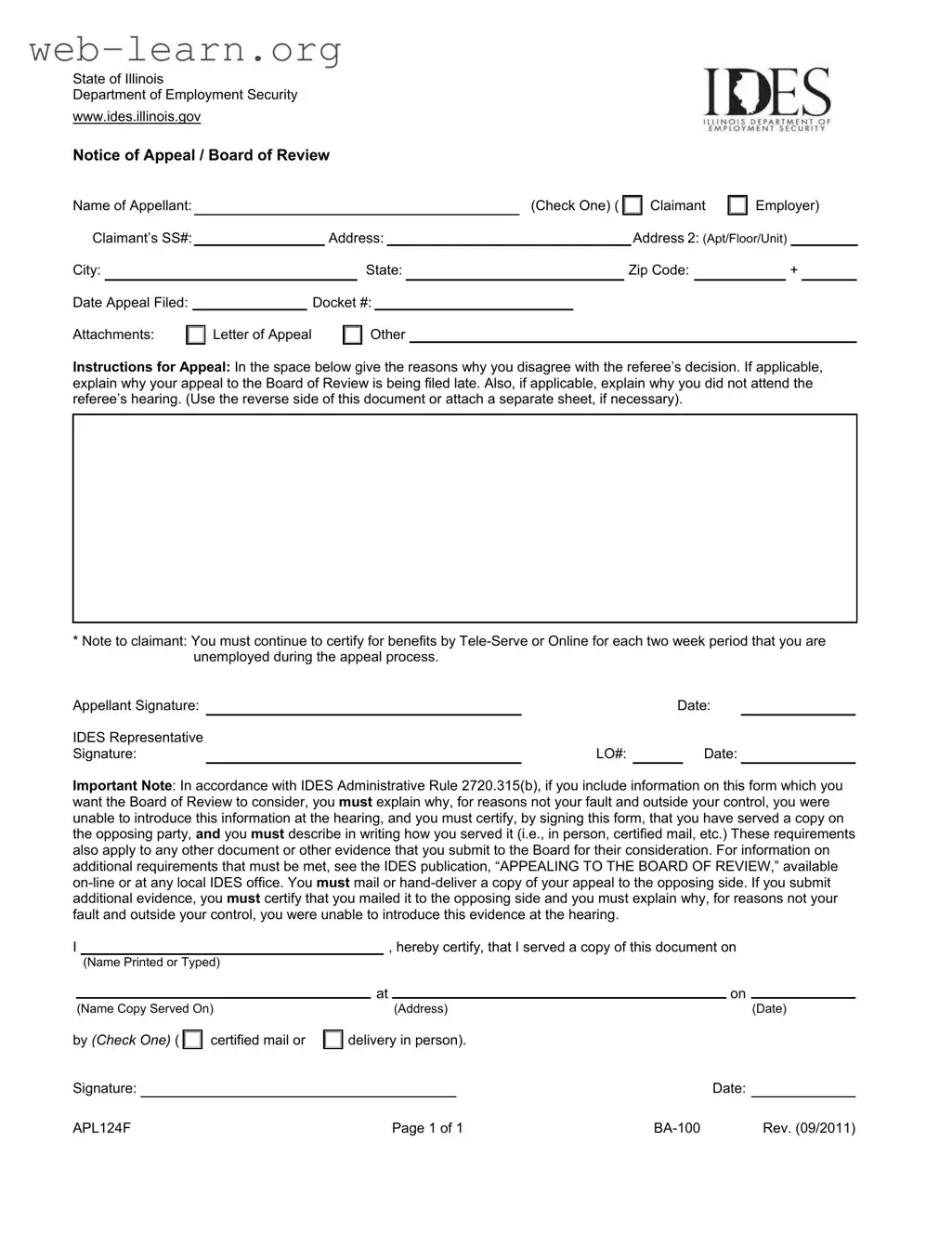 Blank Illinois Notice Appeal Form