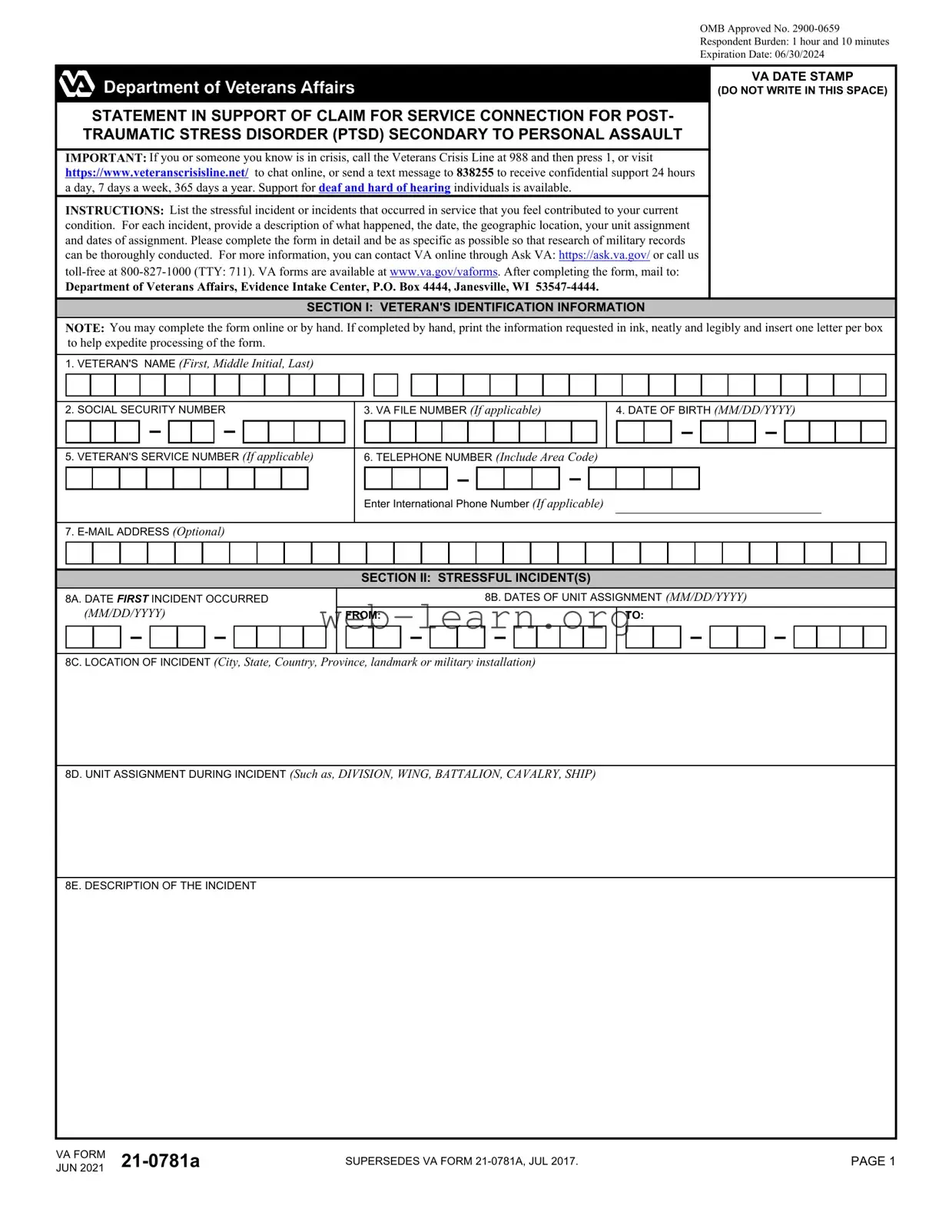 Blank Va 21 0781A Form